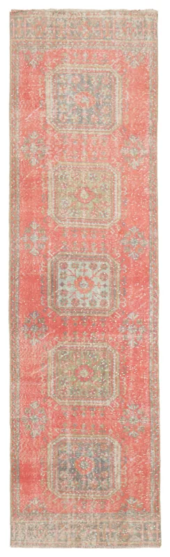 Full top view of the 3'1" x 11'1" rose runner rug with geometric motifs on a white background.
