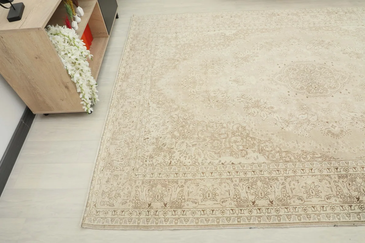 Overhead angle of the rug showing its muted tones and decorative border next to a wooden cabinet