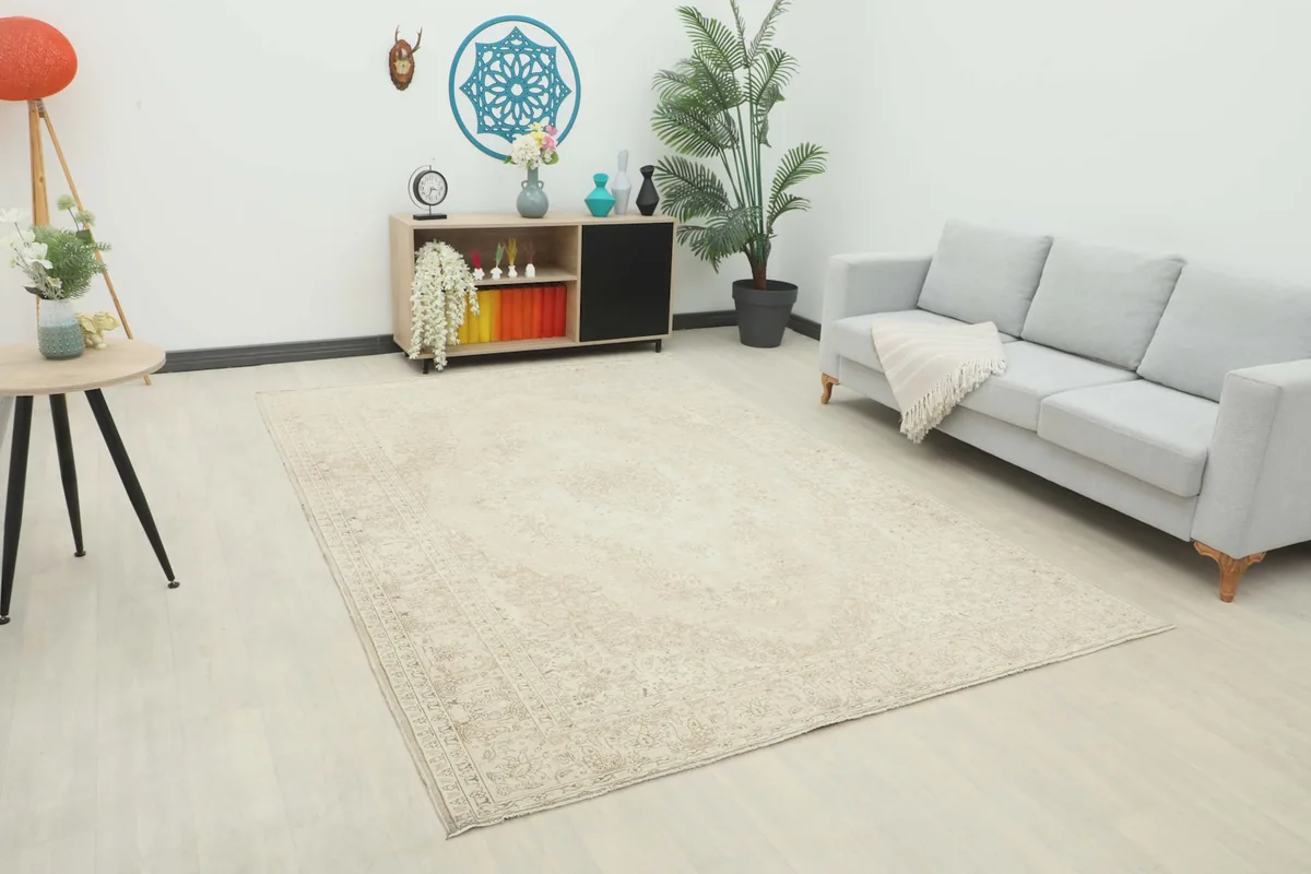 Ivory and beige area rug in a modern living room setting with a gray sofa