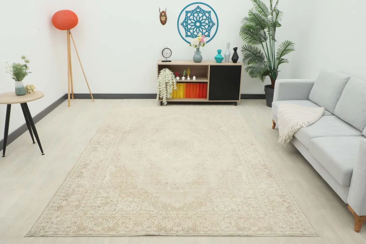Full room view of the ivory and beige area rug providing a neutral anchor to the space