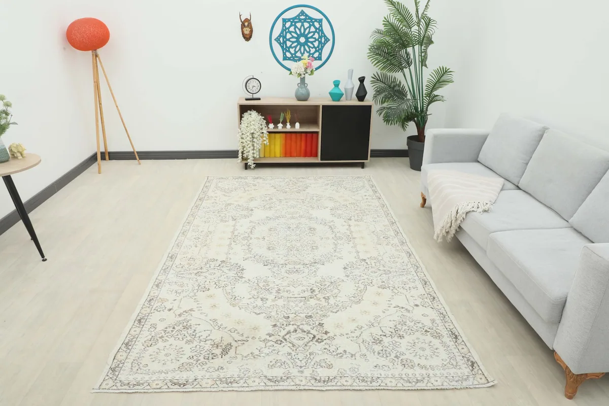 Full room view of the 5'9" x 8'10" vintage Anatolian rug, complementing the decor