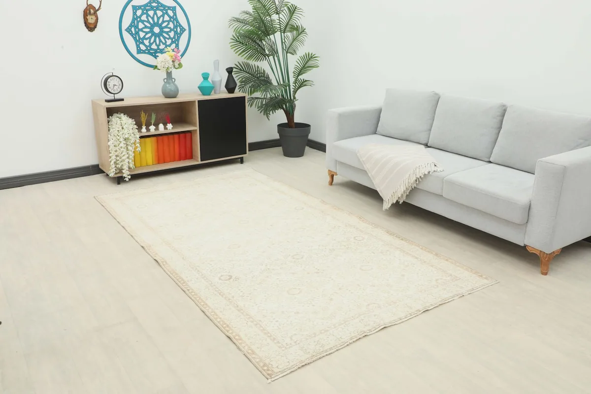 Vintage cream rug displayed in a modern living room setting with a light gray sofa and wooden cabinet.