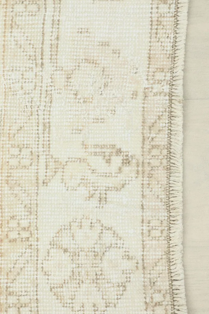 Close-up of the rug's edge, showing the beige floral border and fringe detail