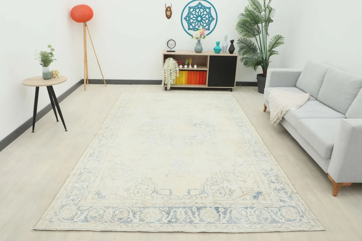Full room view of the vintage Anatolian rug, showcasing its scale and presence in the space.