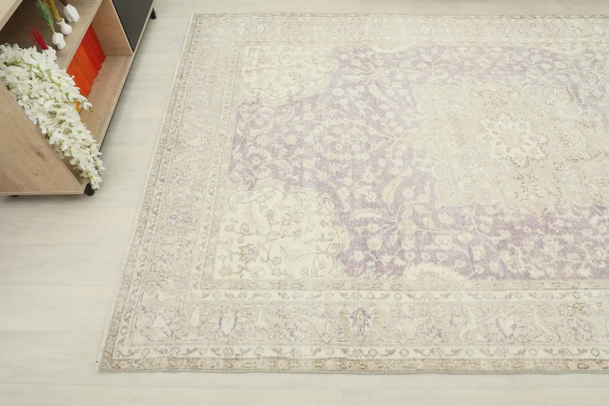 Angled view of the vintage rug's field and border, with a decorative plant in the background.