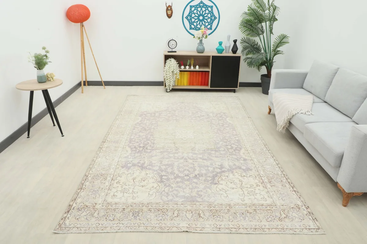 Full room view of the large vintage Anatolian rug, providing a sense of its scale and how it anchors the space.