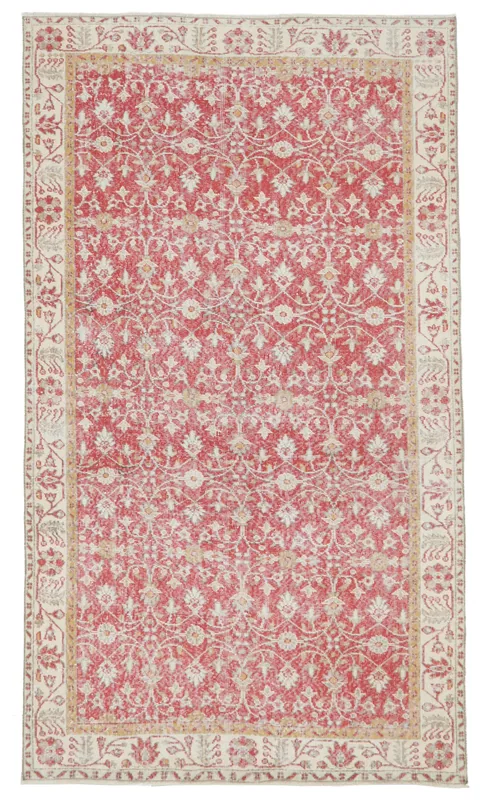 Full top view of a 5'6" x 8'8" red and ivory floral vintage Anatolian rug on a white background.