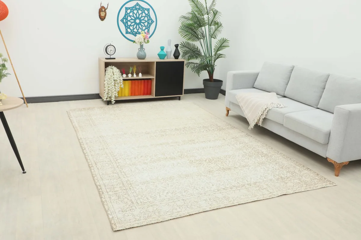 Large ivory and tan area rug placed in a modern living room setting with a light sofa