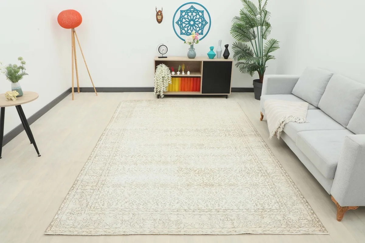 Full room view of the ivory and tan rug creating an inviting atmosphere in a contemporary setting