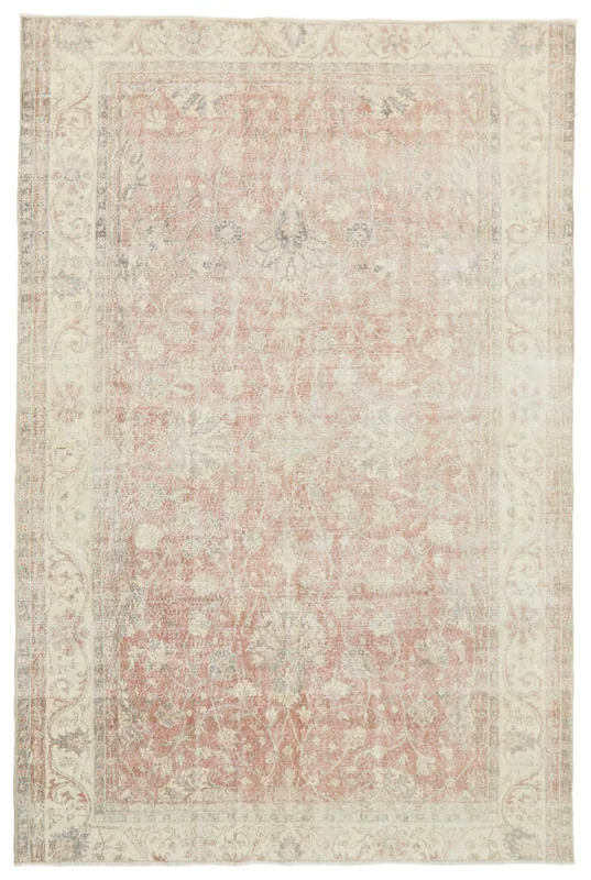 Full top view of the 6'7" x 9'11" rose and cream vintage Anatolian area rug on a white background.