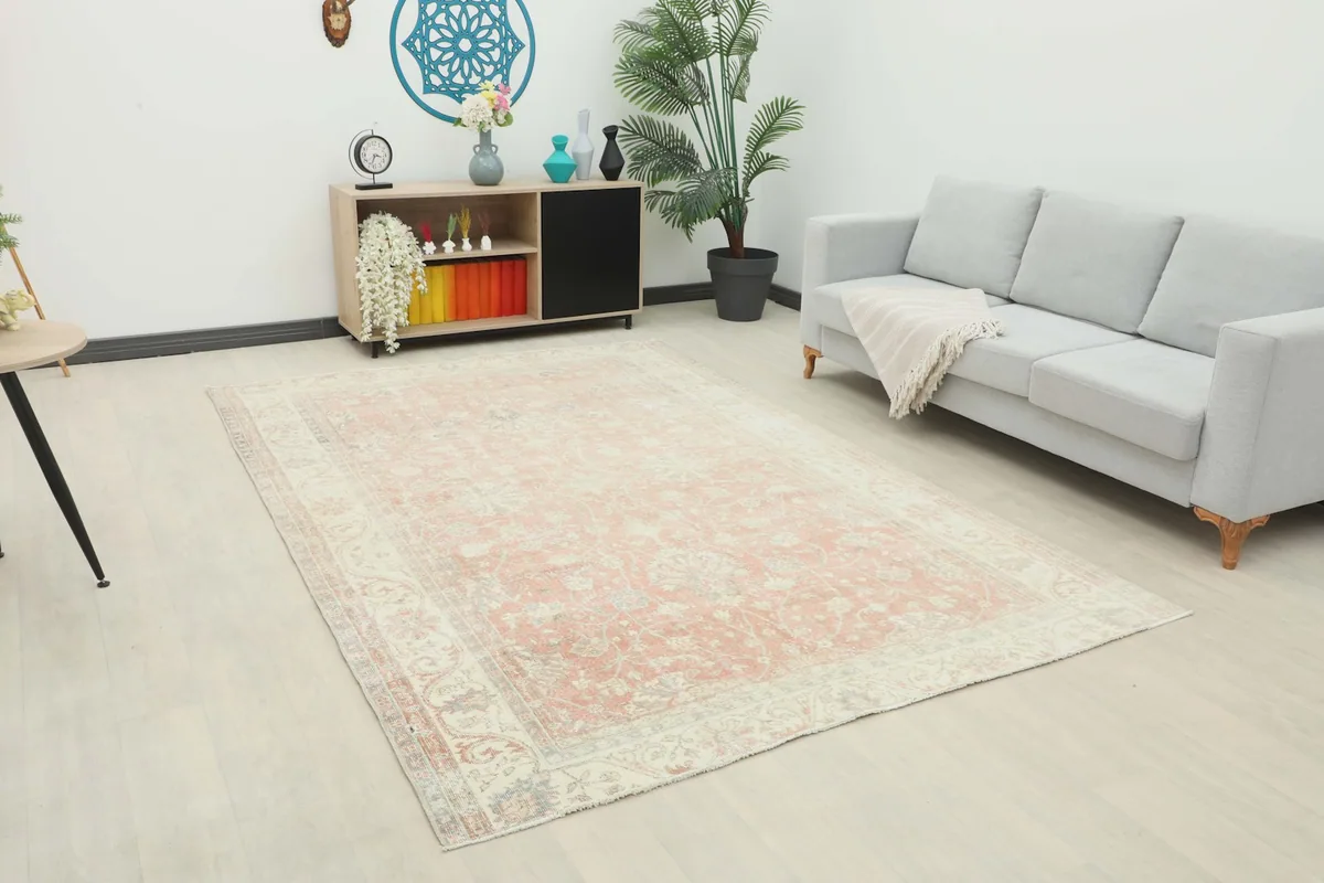 Vintage rose and cream area rug styled in a modern living room setting with a light gray sofa and wooden cabinet.