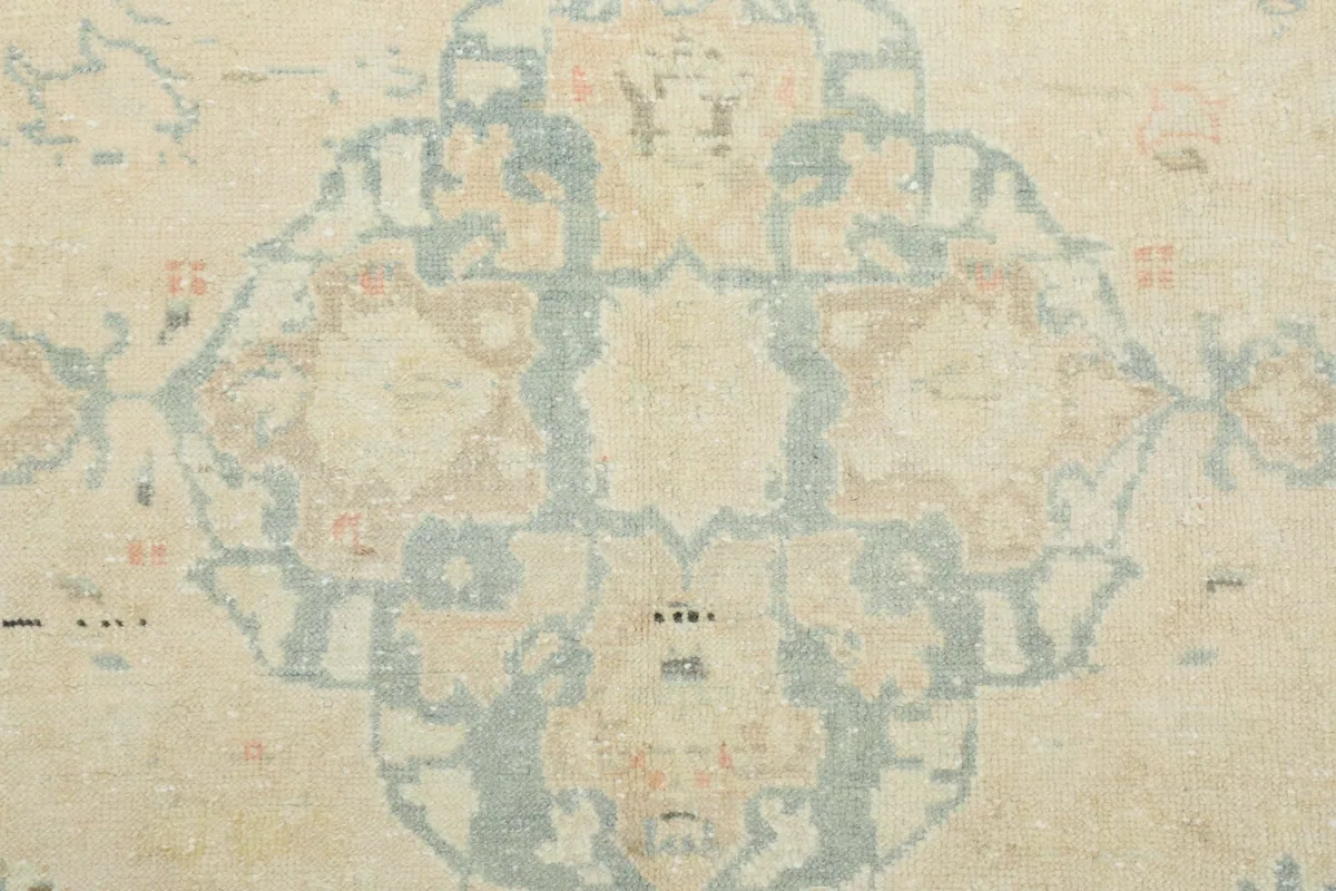 Close-up of a detailed motif within the cream border, showing geometric and faded patterns.