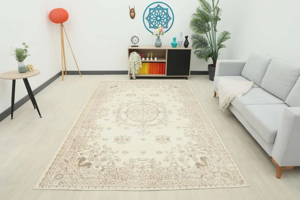 Full room view of the large vintage Anatolian rug, providing a sense of its presence in a space.