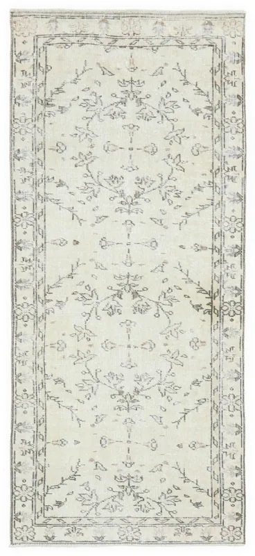 Full overhead view of the 2'8" x 6'0" ivory and gray floral vintage Anatolian runner