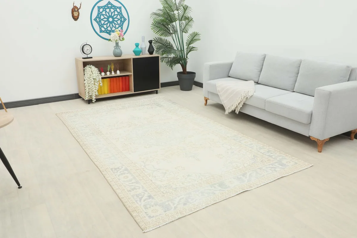 Ivory Gray Medallion Area Rug displayed in a modern living room setting with a light gray couch