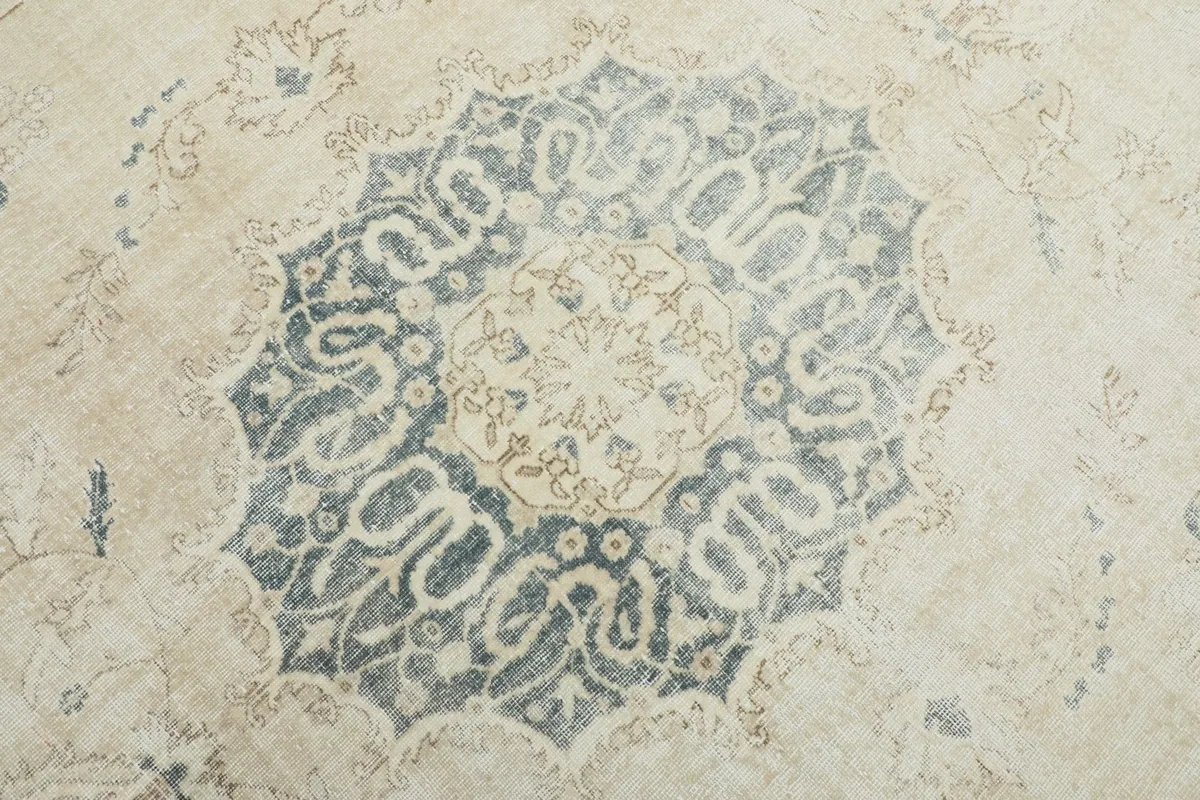Detailed view of the central gray medallion with intricate patterns on the beige field