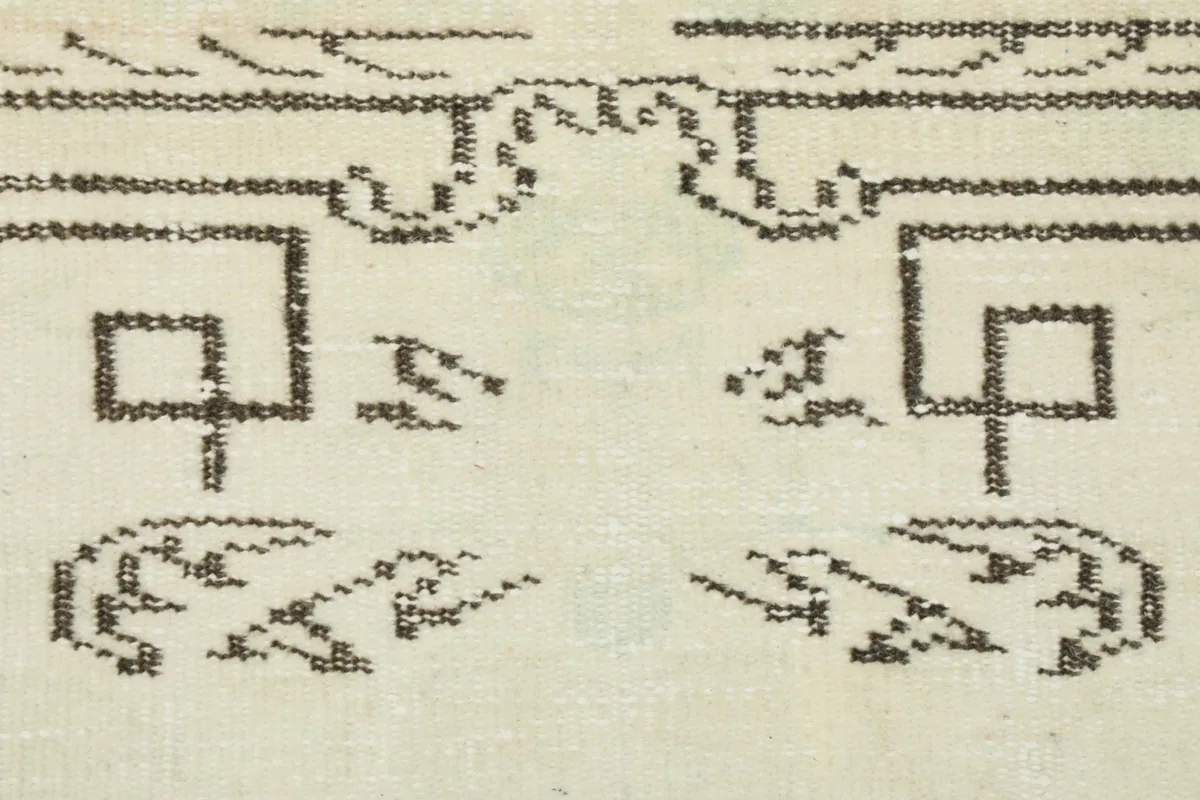 Extreme close-up of the intricate gray geometric motifs within the border design.