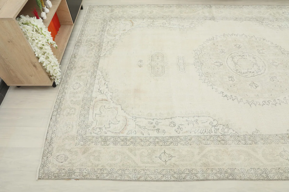 Cream Gray Medallion Rug showing the corner and part of the central design.