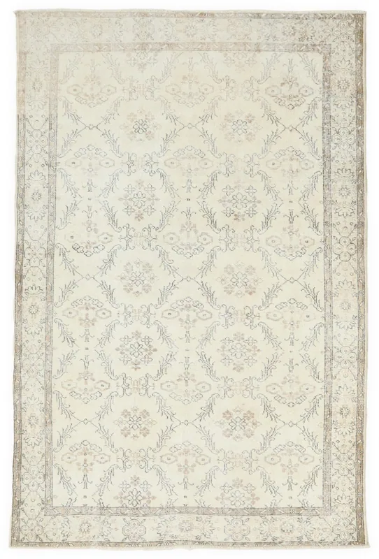 Full top view of the 5'10" x 9'0" cream and tan vintage Anatolian rug on a white background.