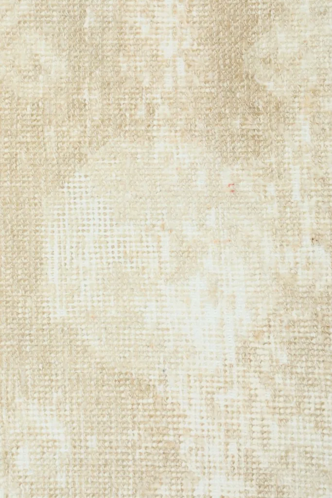 Texture detail of the low wool pile and subtle color variations on the beige vintage rug surface.