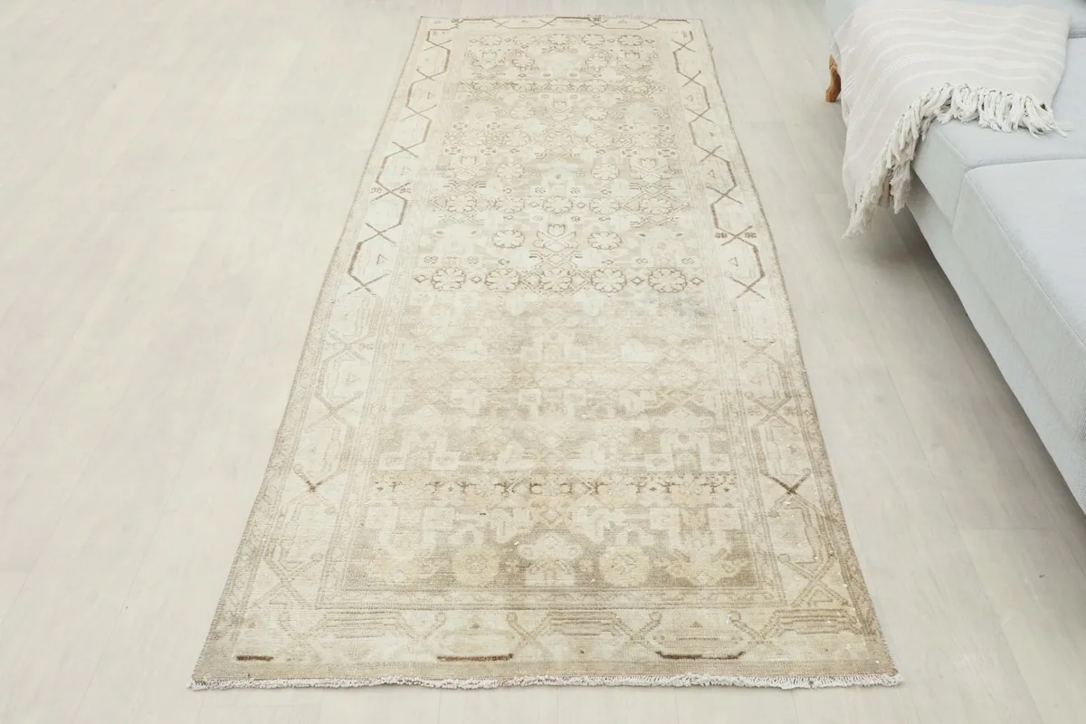 Full overhead view of the runner rug in a room, demonstrating its overall appearance and size.