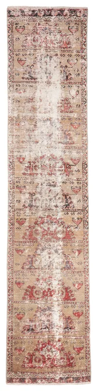 Top view of a 2'4" x 10'9" beige and red vintage Anatolian runner rug with geometric patterns.