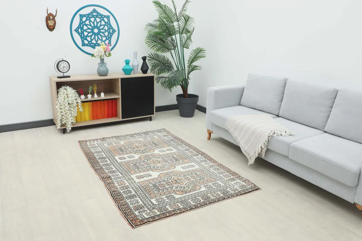 Vintage Anatolian rug in a living room setting with a light gray sofa and wooden cabinet