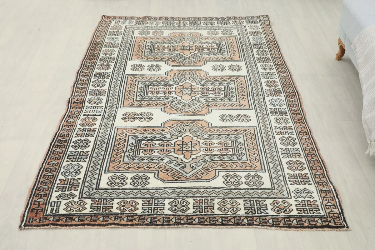 Overhead view of the vintage Anatolian rug, displaying its full design and dimensions