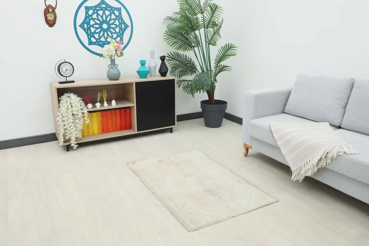 Vintage Anatolian rug displayed in a modern living room setting with a light gray sofa and wooden cabinet