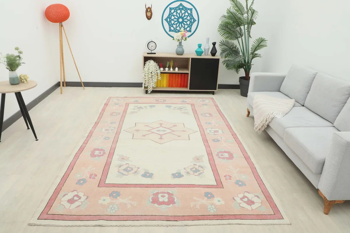 Full room view of the vintage Anatolian rug, showcasing its overall presence and scale