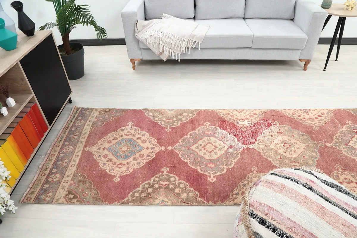 Overhead perspective of the runner rug in a room, displaying its full pattern repeat
