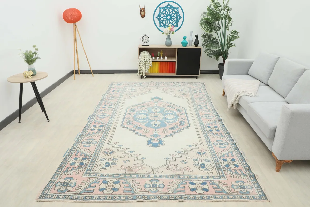Full room view of the vintage Anatolian rug, providing perspective on its large size and presence.
