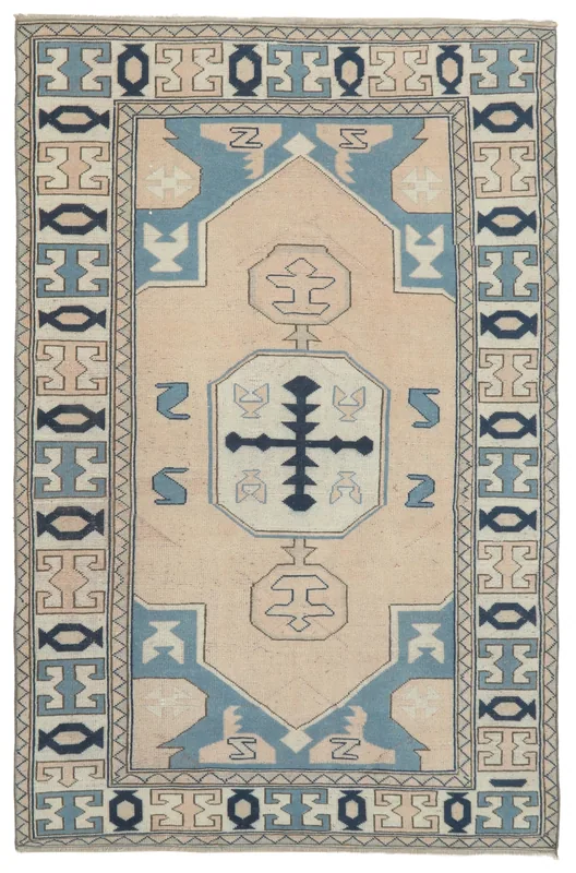 Cream Blue Geometric Anatolian Rug, full top view showing central motif and border