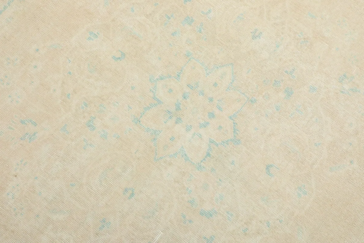 Detailed view of the central medallion motif in light blue against the beige field.