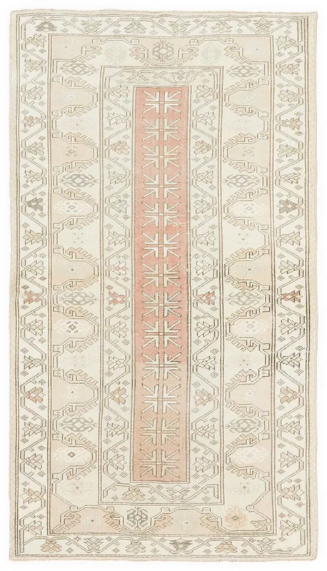 Full top view of the 3'5" x 6'3" vintage Anatolian rug with ivory field and rose central stripe