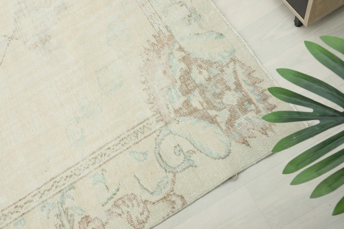 Close-up of the decorative border pattern with faded beige and light blue accents
