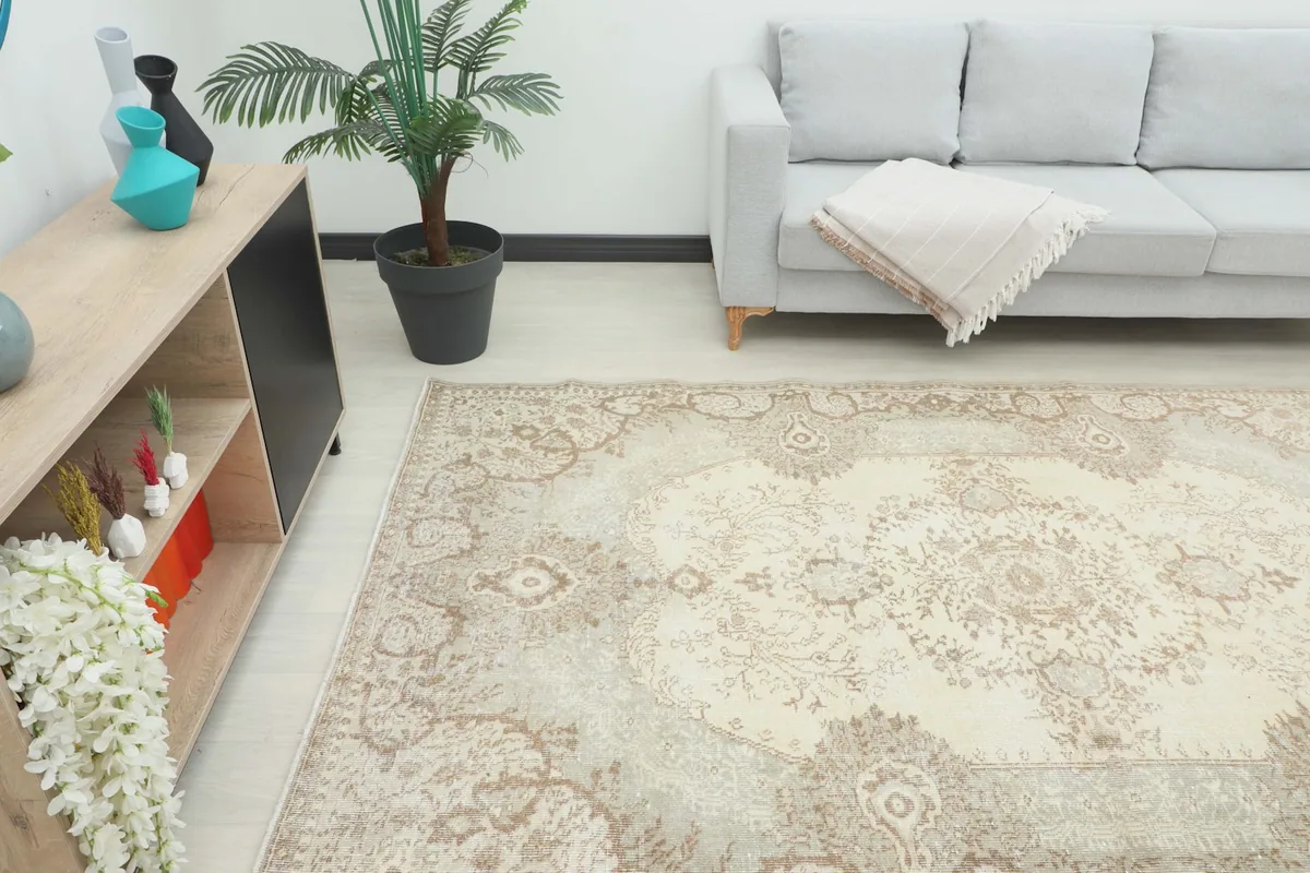 Overhead angle of the rug in a room, showing its placement relative to furniture and decor.
