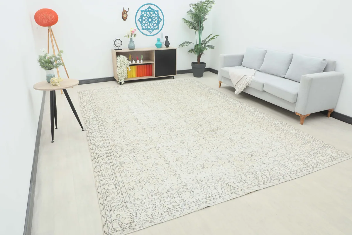 Beige Floral Anatolian Rug in a living room setting, showcasing its large size and how it complements modern decor.