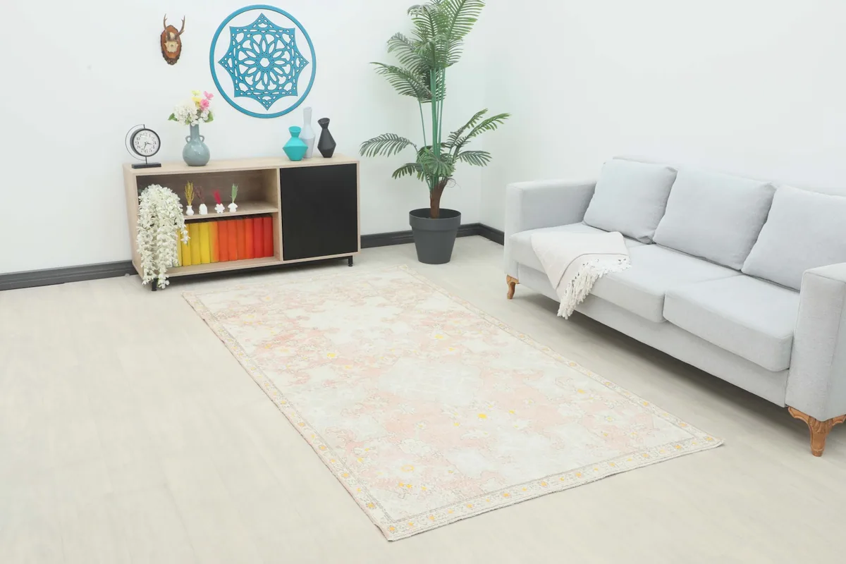 Vintage Anatolian rug displayed in a bright room with a light gray sofa.