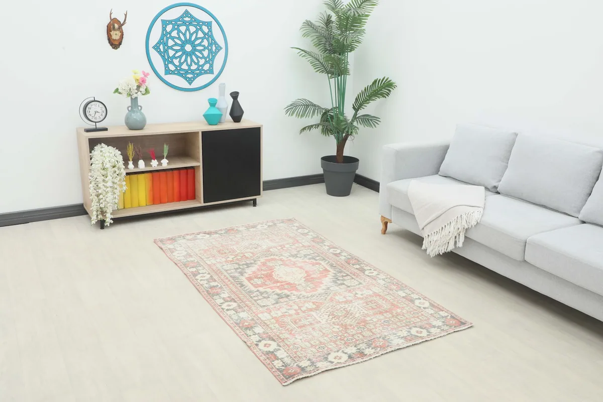 Vintage red and gray rug placed in a modern living room setting with a light sofa and cabinet