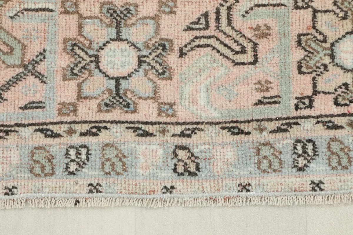 Close-up view of the rug's border showing rose, blue, and brown geometric patterns and fringe.
