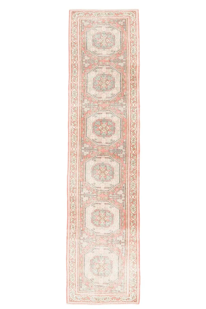 Full overhead view of the vintage Anatolian runner rug, showcasing its complete design