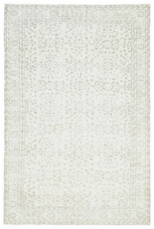 Cream Floral Anatolian Rug, full top view showing faded floral patterns and border