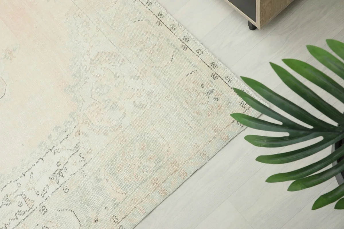 Close-up of the rug's geometric border design with faint beige and gray tones near a green plant