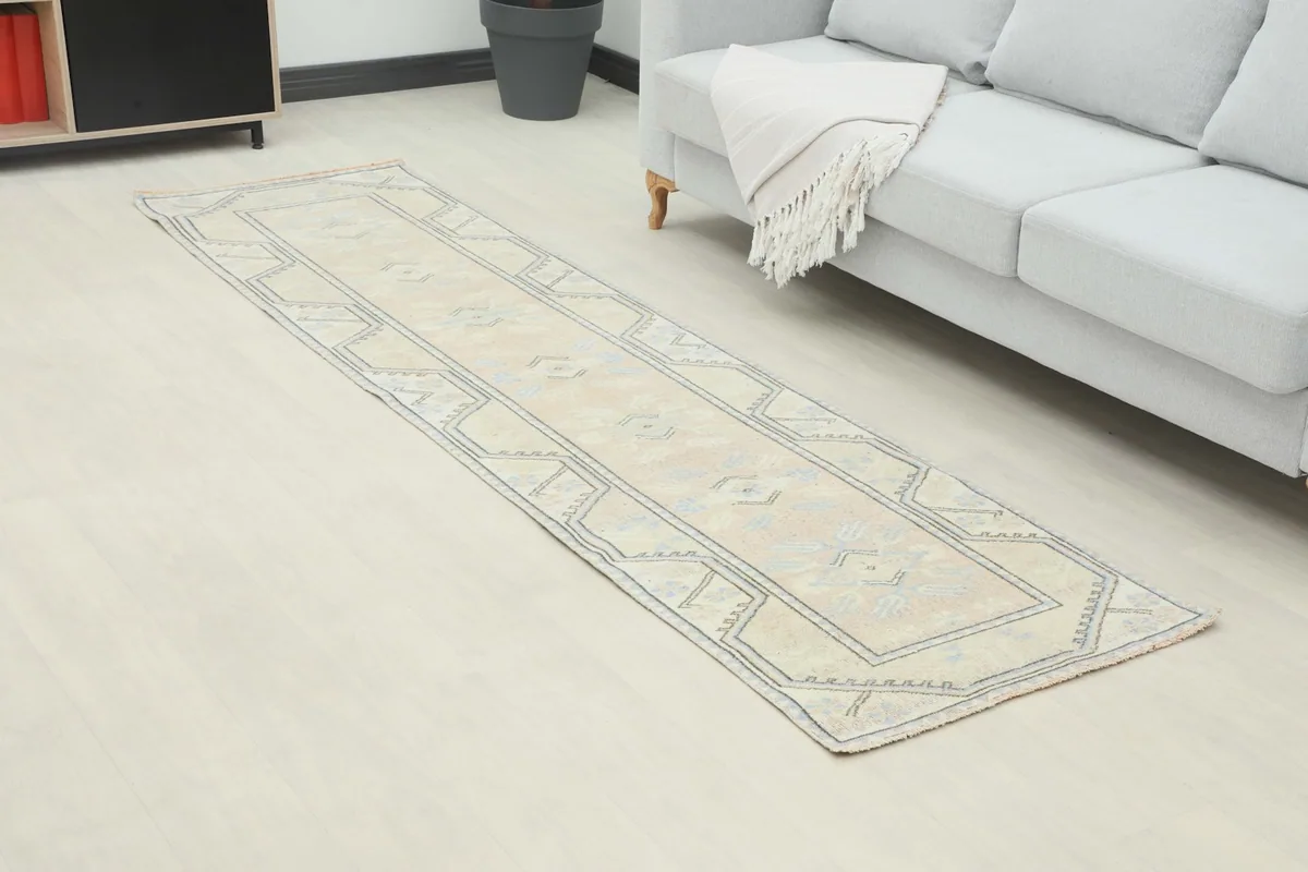 Angle view of the Anatolian runner in a room, highlighting its placement and the subtle color variations.