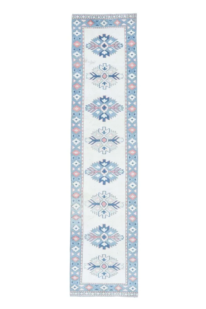 Full overhead view of the vintage Anatolian runner rug, showcasing its complete design