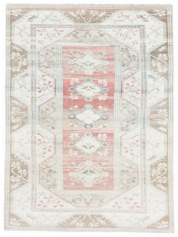 Full overhead view of the 6x8 vintage Anatolian rug with rose, beige, and brown patterns