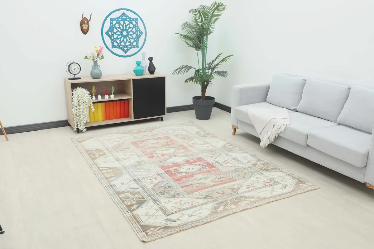 Overhead view of the 6x8 vintage Anatolian rug in a modern living room setting