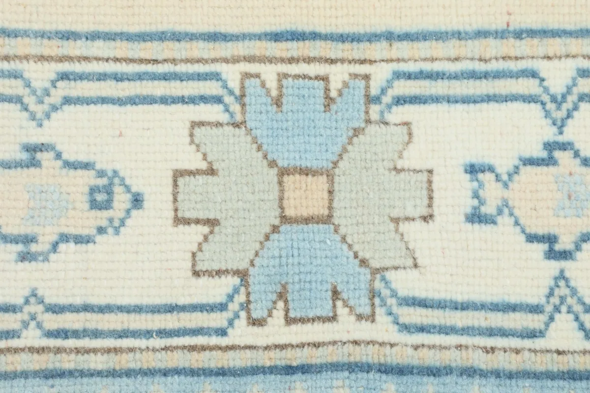 Detailed view of a blue and beige geometric flower motif within the rug's border