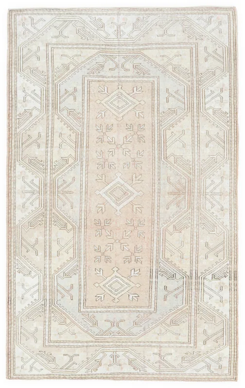 Full overhead view of the beige and rose vintage Anatolian area rug on a white background.